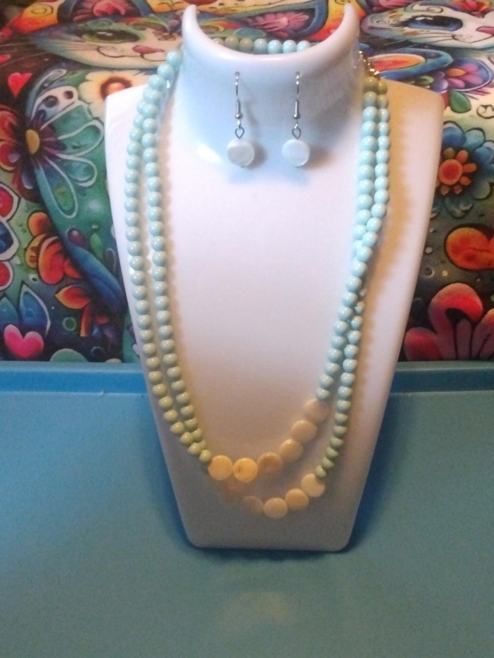 Light Blue & Mother Of Pearl Beaded Necklace Set with Drop Earrings